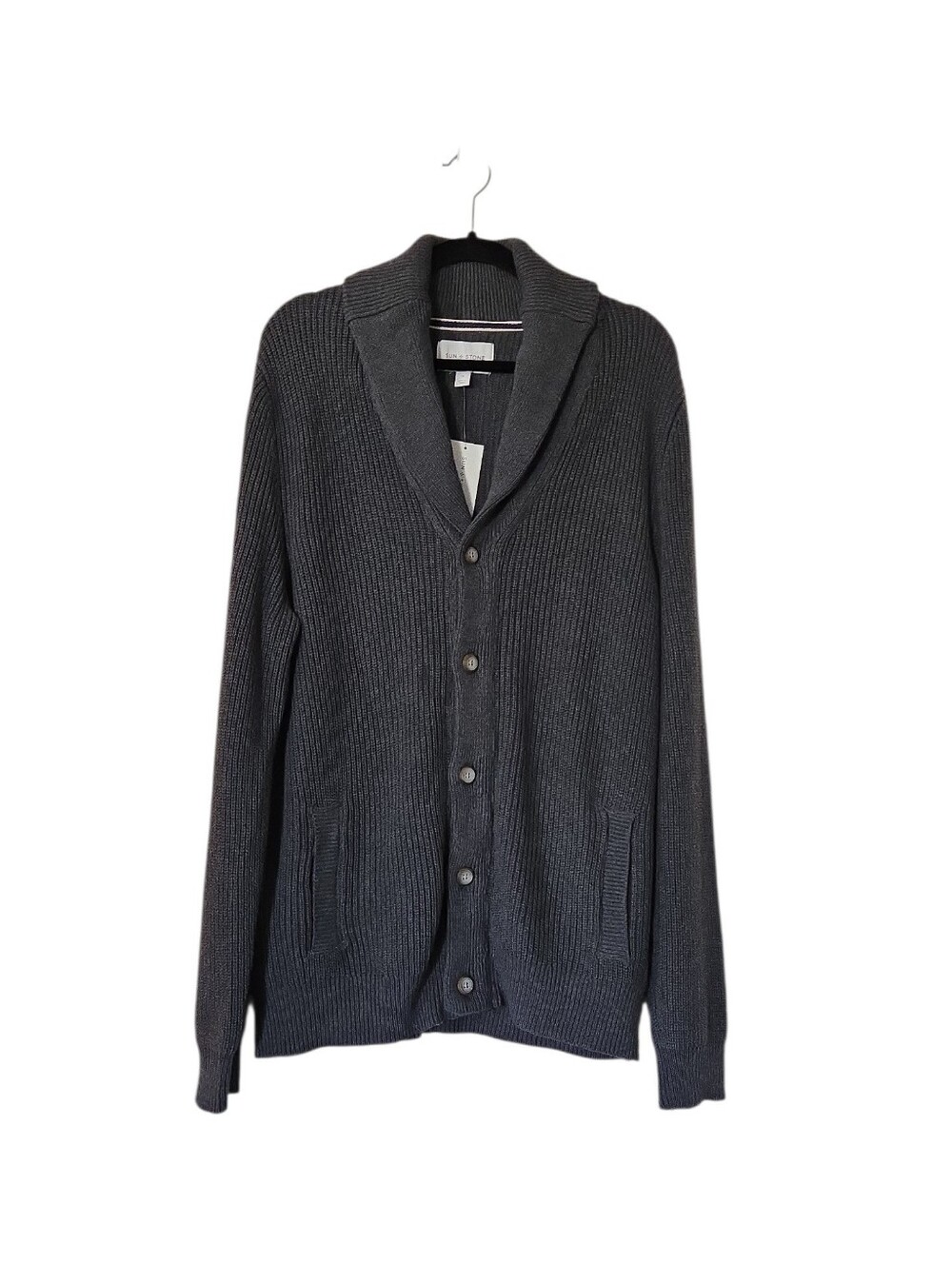 Sun + Stone Men's Shawl Collar Cardigan Sweater Dark Gray 100% Cotton Size XL